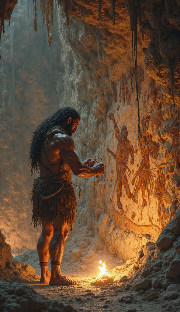 a man without a shirt with paintings on his chest, standing on the top of the tower, holding head of the sacrifice for gods. Beneath him are people cheering
