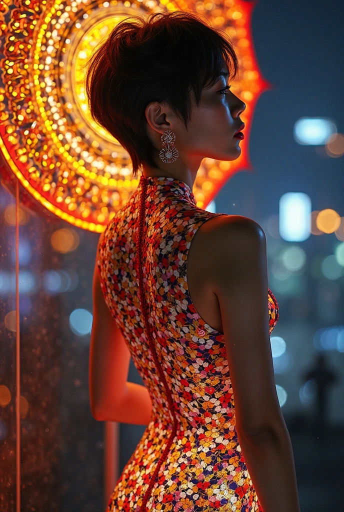 (masterpiece, Highest quality), 8k,(((Very detailed))), Race:1.8,Super intricate Race pattern,colorful Race pattern,Stained glass transparent body, Mandala,light up, 1 female,Open Back, 18 years old、Photo of Lee Jae, tumbler, shin hanga, sultry body with セクシー belly, Sexy girl, Young sensual elegance, Sexy body, delicious, Sexy look, Very Short Hair、Shooting on the balcony of a luxury hotel、Night view、 Intelligent face、Narrow waist、Large Breasts、drool coming out of the mouth、Smile a little、EOS 50mm F2, Blur the background、Shooting from the side、Lighting the face、
