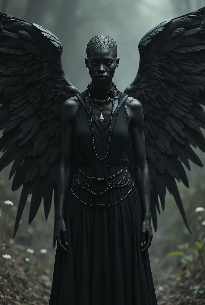 full shot, an illustration of Chelsea Wolfe, beautiful, sensual, transparent gothic golden clothes, in the style of restrained palette, distressed materials, realistic color schemes, hieratic visionary, figura serpentinata, nicola samori, bold yet graceful, perfect black skin, perfect body, extremely beautiful, extremely tattooed, black swan wings
