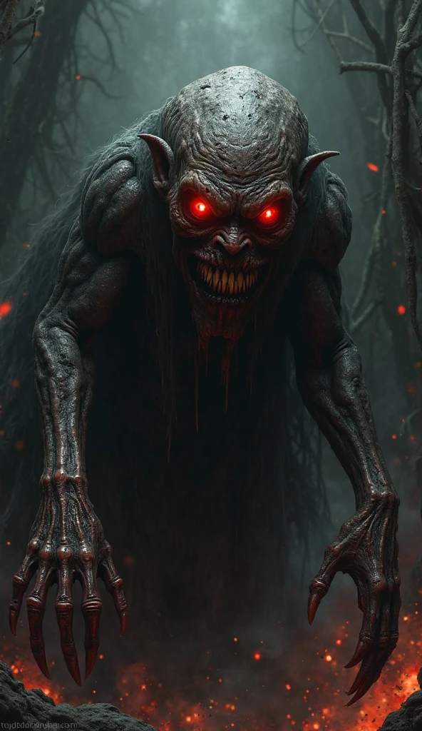 A close-up of the Wendigo’s face, with hollow eyes and a twisted, skeletal appearance, exuding an aura of malevolence.