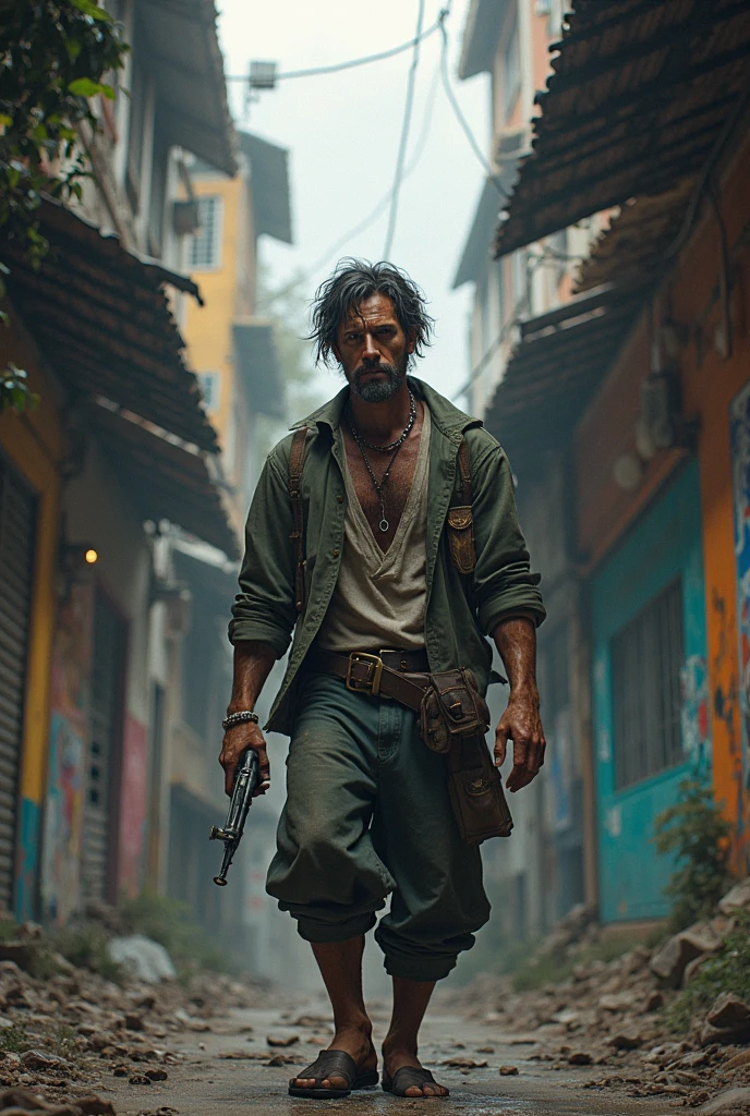Young man, hairy, with glasses and beard, killing zombies in the zombie apocalypse with a katana