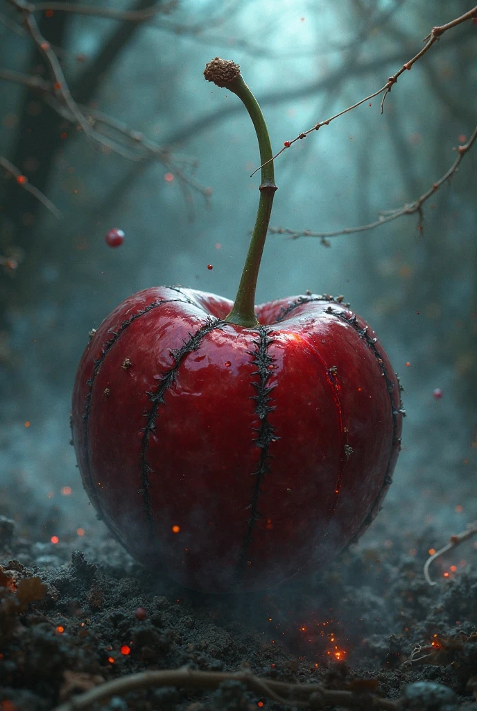 Close-up of a blood-red, dripping, moss-covered and rotting apple floating in a dark, foggy forest. The apple is surrounded by twisted tree roots and glowing, unusual eyes. Cinematic lighting, high detail, 8k, artstation, conceptual art, dark fantasy. Photo taken with Canon EOS R5 85mm f/11 Camera, ((sharp)) mode of people and surrounding scenery. Image quality ((8K)), ((lifelike)), ((masterpiece)), ((sharp and highest contrast)), ((great depth of field)), ((light stereolithography)). ((Một cô gái cực kỳ xinh đẹp)), ((đang ăn quả táo))