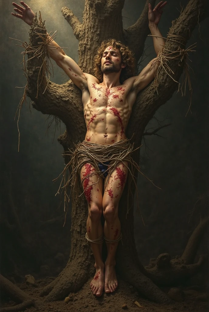 a beautiful gay saint sebastian with curly hair, crucified in a tree, showing off full body with a halo, arrows crossed on the chest,neck and leg, black work tattoo, minimalist style