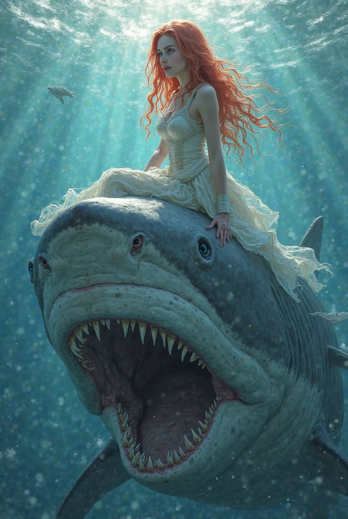 Beautiful girl with whale and crocodile fusion. Mermaid body type. Shark tail. Whale head from the back of the body. Sharp fangs on the head of a whale. Reptile scales. White and black are image colors. Hair ornaments with sharp designs. Solo Woman. glowing eyes with red vertical pupils,,,,,.