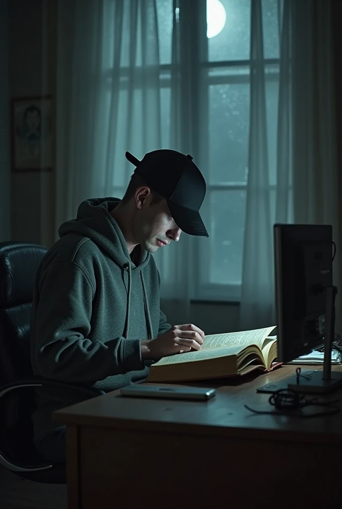 A realistic image of a young man sitting on a chair holding a pen in his hand, with a table in front of him on which lies a torn paper divided into two parts containing some math equations. The student is wearing a jacket, and his face is not visible as his cap covers it, only showing the cap as his face is directed downwards in frustration. The image reflects the student's struggles and patience. The angle of the picture is suitable to be a file photo for a page dedicated to this topic. The background is dark with shelves behind the student holding books. The lighting is mainly directed towards the paper.
