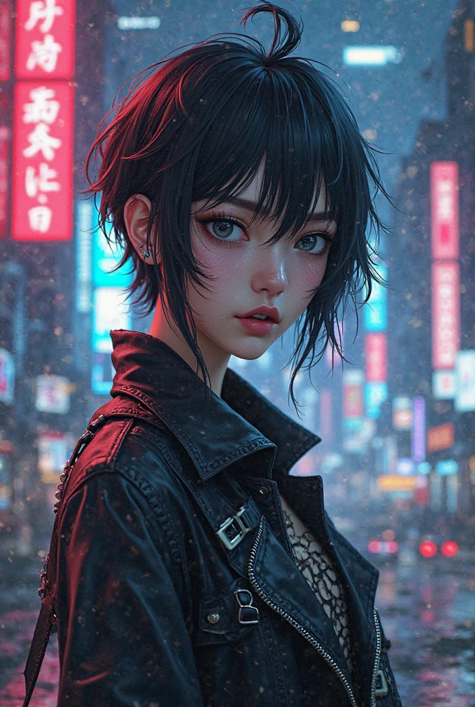 8K、master piece、highest quality、highest level、Highest image quality、muste piece、intricate details、high resolution、depth field、Natural light、professional lighting、(1 person)、solo、asian boyish girl、(cute:1.2)、very beautiful 18 year old cartoon girl、(high detail skin: 1.2)、Photorealistic anime girl rendering、Realistic anime 3D style、short bob cut、、beautiful light brown hair、強烈なblack eyes、strong eye highlights、very big breasts、perfect anatomy、(Torn and tattered damaged denim hot pants)、Wearing shorts、choker、hands behind the back、beautiful brown hair、short hair、crossed bangs、asymmetrical bangs、short bob cut、stick out ears、eyelashes、black eyes、crying and crying、(sophisticated headphones)、(Tattoo on the chest)、Body shiny with oil、Black leather jacket、(metallic bra)、Damaged blue short denim hot pants、it's raining、The body gets wet from the rain、Decadent and futuristic urban area in the evening、(cyberpunk city)、(Futuristic cars、flashing red light)、(Lightning is glowing)、(Flashing blue and purple neon tubes)、