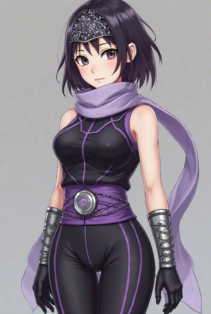 Girl, 16 years old, Black hair, light brown eyes, ninja belt, ninja outfit , black and lilac