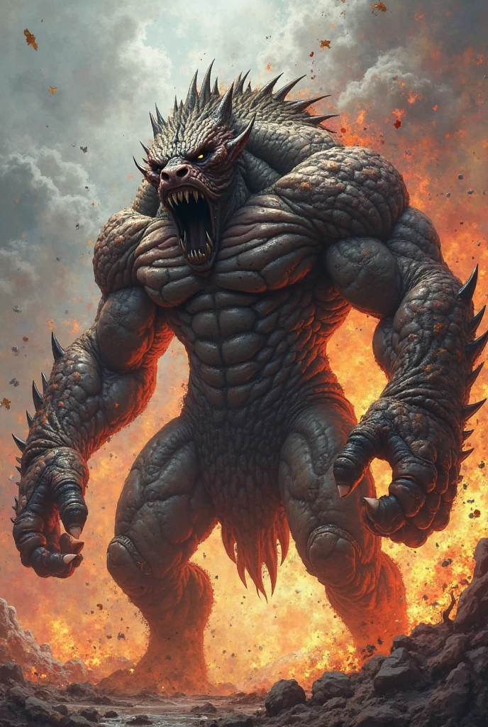masterpiece,Super cool magical creatures,((Huge hill giant destroyed by modern city master)),roar,Violent and cruel,Tall and mighty,((petrified skin)),thick limbs,fighting,fire light,gravel,smoke,Random light and shadow,Glowing special effects,minimalist style,mist,(full body portrait:1.4),European and American fantasy style,Perfect,,highlight,bright colorful shades,Ink background,OC renderer,best picture quality,high resolution,dynamic perspective