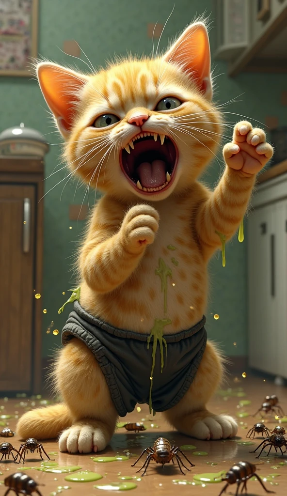 An orange cat wearing a blue shirt and green pants was sad, opened his mouth and cried very hard in the kitchen alone until the water flooded out.