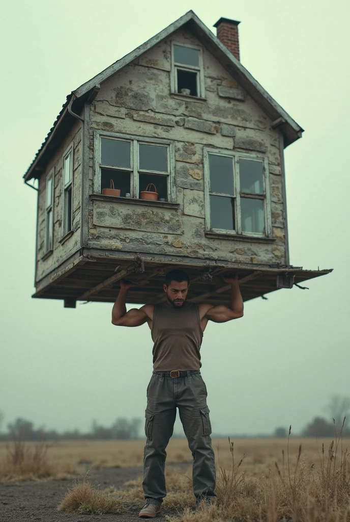 A strong old man carrying a house