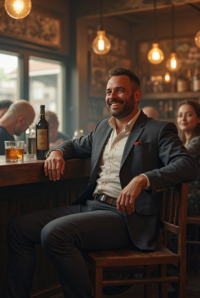 A happy drunk man in a bar with lots of alcoholic drinks sitting elegantly