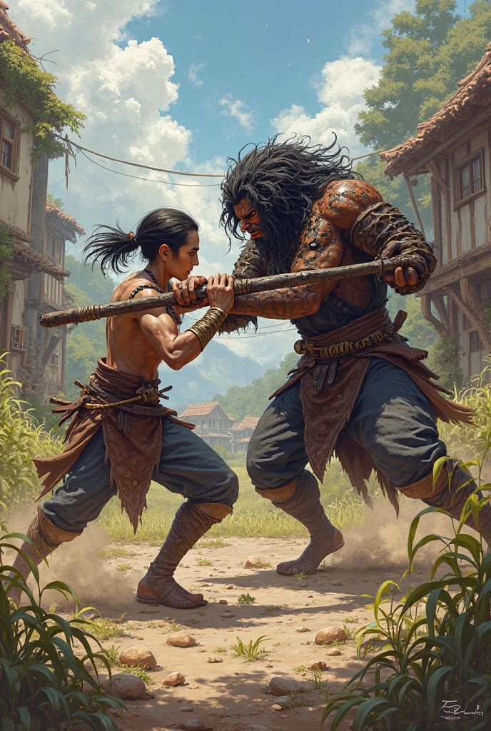 tmasterpiece、CG Unity 8K wallpaper in best quality,Ray tracing effect under movie lighting,Has a vague foreground,1 boy showing a fighting stance,Wears an armored skirt in ORC style,Holding a sword,teeth showing,Tattoos on the body,Accompanied by chains、Details of shackles and handcuffs,With tribal civilizations(Weight 1.3)Correlated,And against the background of heavy stone knives and war。