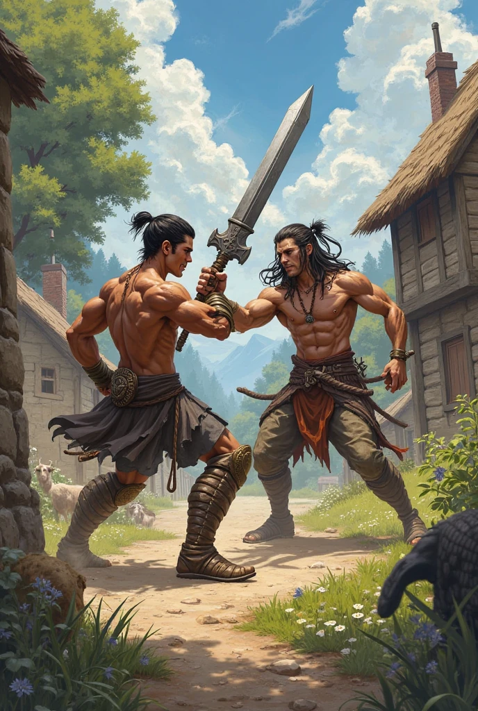 depict a duel, Steel met steel—a dance of rage and survival. One, sinewy and cunning, darted like a shadow. The other, a hulking brute, swung an axe that cleaved air. Blood sprayed, curses echoed. Then, a twist—a vial shattered, venom seeping into skin. They fell, gasping, the forest bearing witness to their primal struggle.