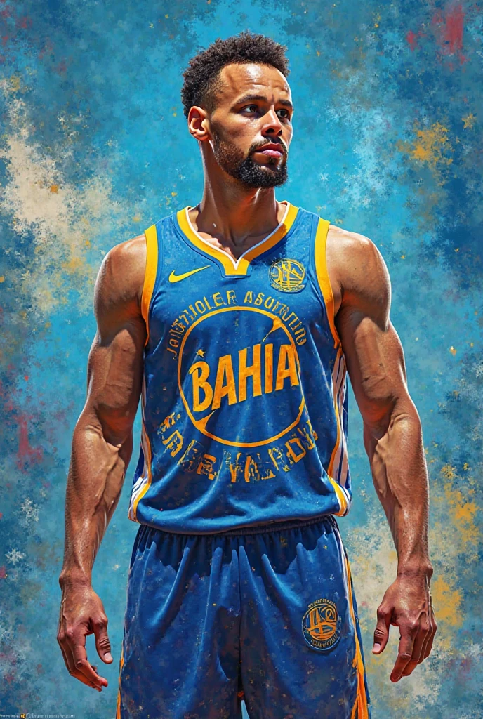 blue and gold non-NBA basketball jersey, that it is something personal and that it says FISMA on the chest