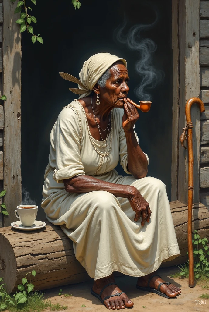 (masterpiece, photorealistic, raw,:1.4), (extremely complex:1.2), close-up, cinematic light, side lighting, ultra high resolution, best shadow, RAW, 67-year-old African lady, sitting on a small wooden bench, holding a pipe and rue, old-black archetype (umbanda), with white dress and headscarf, Forest background in the moonlight