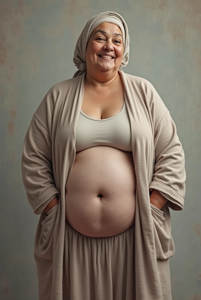 Create a middle-aged woman with a visible diaper.