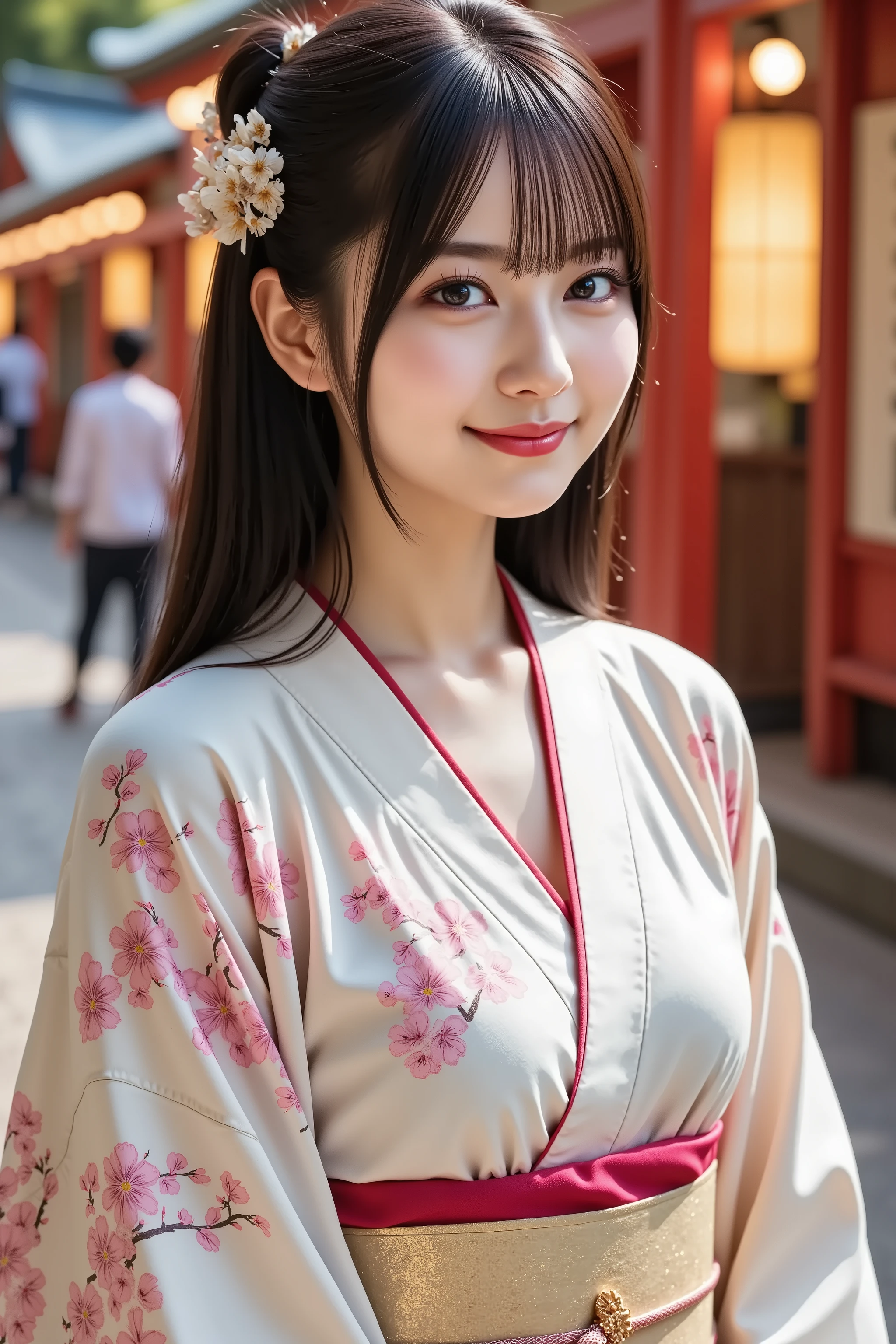 A highly detailed and ultra-realistic digital illustration of a beautiful young Asian woman, explicitly framed from just above her chest upwards, fully capturing her entire head, including the crown and clearly visible hair whorl. The composition ensures her facial features are perfectly centered, with clear, Radiant Skin, softly blushed cheeks, and a bright, open smile revealing her teeth, giving a warm and joyful expression. Her naturally pink lips are slightly parted, showcasing a friendly and inviting smile. Her large, expressive eyes sparkle, enriched with delicate eyelashes and subtle, elegant makeup, enhancing the liveliness of her joyful expression.
Her straight, sleek black hair is gracefully styled into an elegant updo, adorned with an exquisite kanzashi hairpin featuring delicate floral designs, adding a touch of traditional Japanese beauty to her appearance.
She wears an exquisite, traditional Japanese furisode kimono, adorned with intricate patterns of cherry blossoms and elegant golden embroidery, showcasing rich cultural aesthetics. The long, flowing sleeves add depth and grace to her appearance, while a vibrant obi belt with intricate detailing enhances the authenticity of her attire.
The background is a lively Japanese festival scene, filled with glowing paper lanterns, vibrant red torii gates, and bustling festival stalls selling traditional street food and colorful decorations. Soft bokeh lights from distant festival lanterns create a warm, immersive ambiance, while a subtle golden glow highlights the intricate patterns of her kimono. The festive setting enhances the celebratory atmosphere, immersing the viewer in the rich tradition and beauty of a Japanese matsuri.
The overall image is crystal-clear, hyper-detailed, and rendered in stunning 8K resolution, ensuring breathtaking realism and depth.bun hair