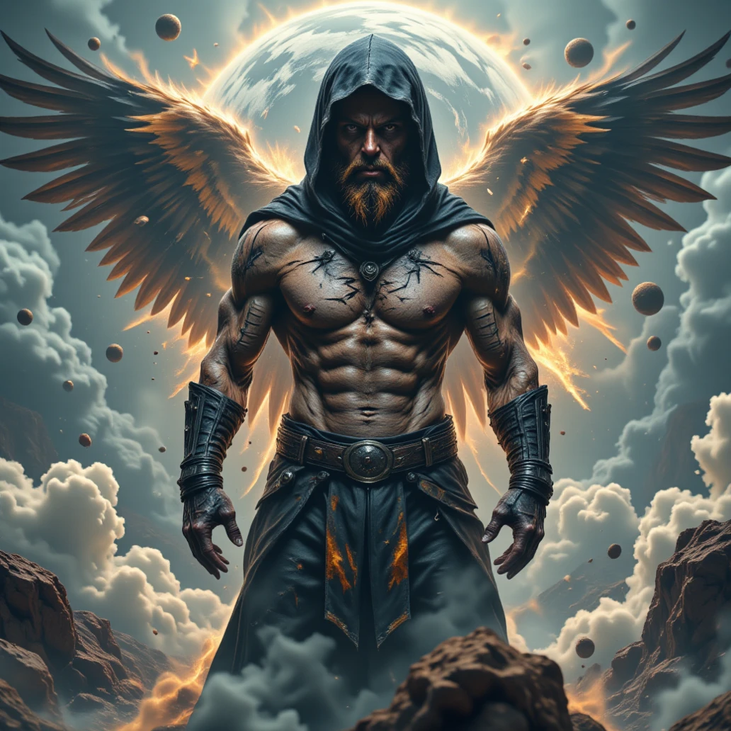 An epic bald angel half angel half demon with blacksmith hammer with tattoos of the letters MAZ VG on his clothes VG with fire on his right hand and white light on his left hand on his knees raining 
