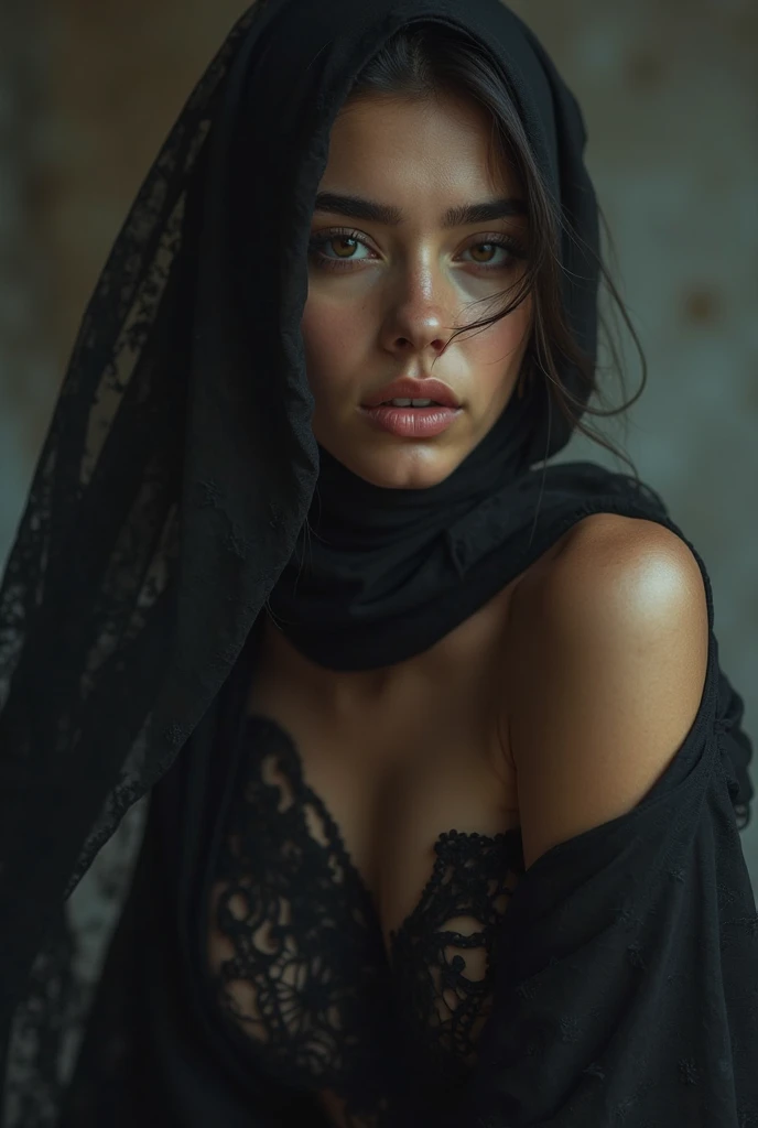 Hot girl wearing danish frognet camo net to cover face, and lingerie