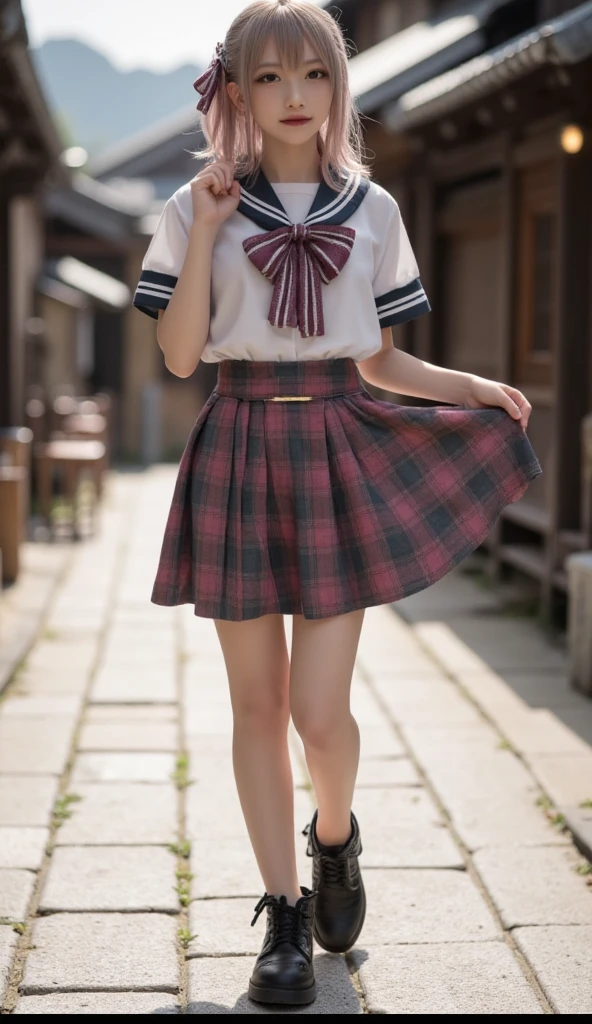 An 18-year-old high school girl wearing a super miniskirt with a red plaid pattern and a white dress shirt..(black hair)