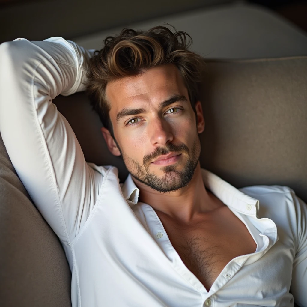 22 years old cute hot sexy guy with small light beard wearing unbuttoned white shirt relaxing on sofa his hand behind his head