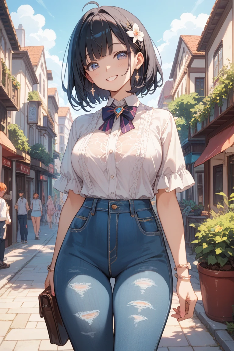 Anime Kawaii sexy Perfect Slim sensual body large breast and huge thighs, An intricate and highly detailed illustration of anime (Young girl). (8k、Superior image quality、Maximum quality、Masterpiece artwork)、A detailed face、1 girl in、A brunette、hypdertailed、clear blue eyes、piercings、sorriso nefasto、very Bigger breasts、white  shirt、sleeveless、Broad Hips、light blue denim、Long pants、cowboy shot、put your hands on your hips、ass pov、city background