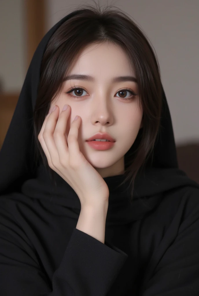 a close up of a woman wearing a black hijab, long hijab korean face features, beautiful aesthetic face, popular korean makeup, popular south korean makeup, beautiful south korean woman, young adorable korean face, asian beautiful face, beautiful delicate face, asian face, korean girl, beautiful young korean woman, korean woman, extremely beautiful face, south east asian with round face