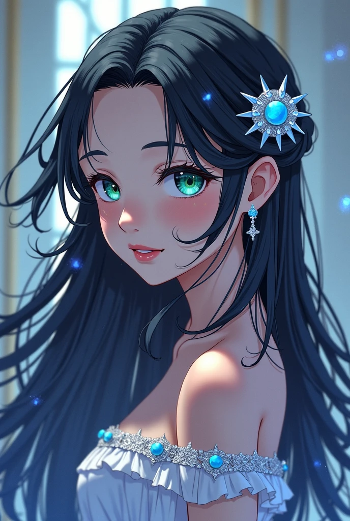 masterpiece, best quality, 1girl, solo, ((mature female)), round pupils, long hair, hair, princess, black dress, fantasy, happy, looking at viewer, cartoon, anime, (oil painting)