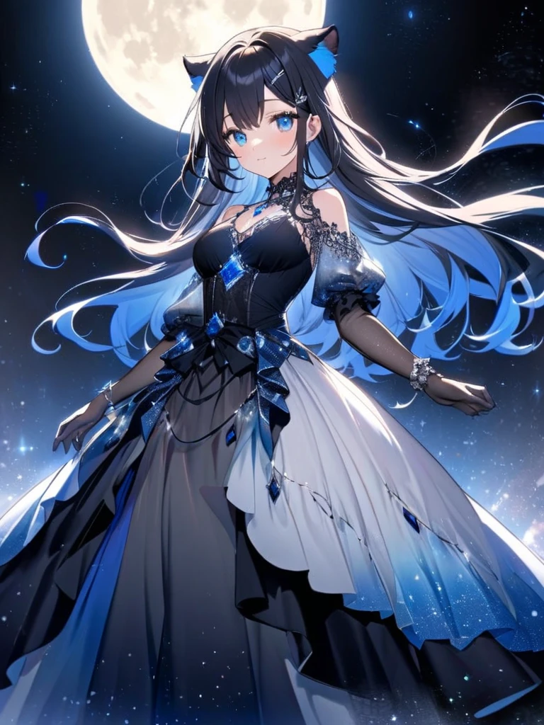 (8k, best quality, masterpiece:1.2), ultra-detailed, Masterpiece, realistic lighting,masterpiece, best quality, masterpiece,best quality,official art,extremely detailed CG unity 8k wallpaper, seele, 1girl, blue, city, sea, night, crescent moon, looking ahead, from side, long hair, multicolored hair, black hair, blue hair, blue eyes, expressionless,