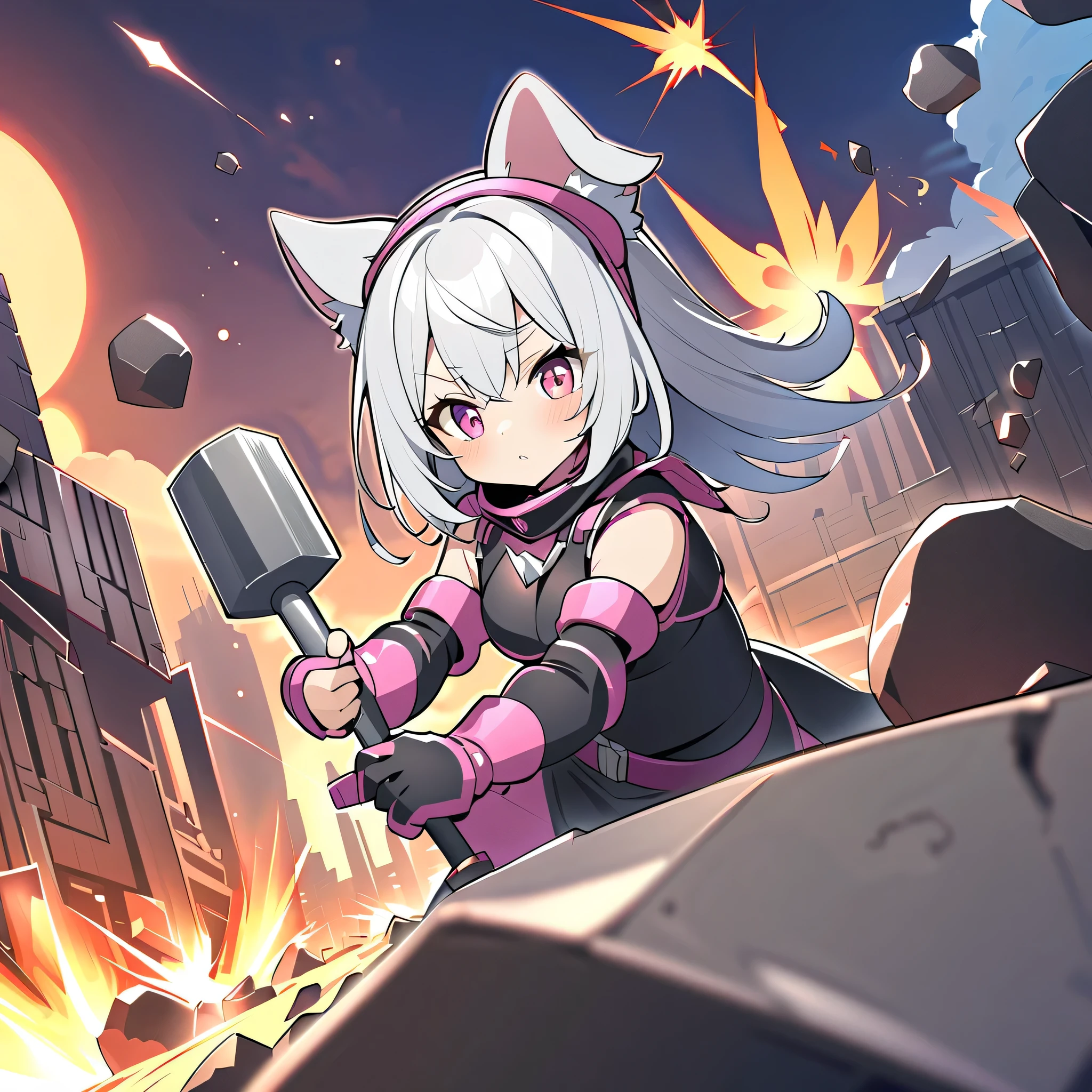 8k, girl with dog ears silver hair, White Ear, New life,goggles,Smash rocks with a big hammer,I'm looking at the ,God of Destruction,