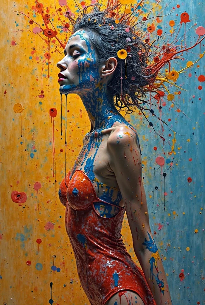 a woman with blue hair wearing a colorful outfit and a colorful background with paint splatters on it, by Hirohiko Araki,official art, unity 8k wallpaper, ultra detailed, beautiful and aesthetic, masterpiece, best quality, (zentangle, mandala, tangle, entangle), 1girl, extremely detailed, dynamic angle, cowboyshot, the most beautiful form of chaos, elegant, a brutalist designed, vivid colours, romanticism, by james jean, roby dwi antono, ross tran, francis bacon, michal mraz, adrian ghenie, petra cortright, gerhard richter, takato yamamoto, ashley wood, atmospheric, ecstasy of musical notes, streaming musical notes visible
