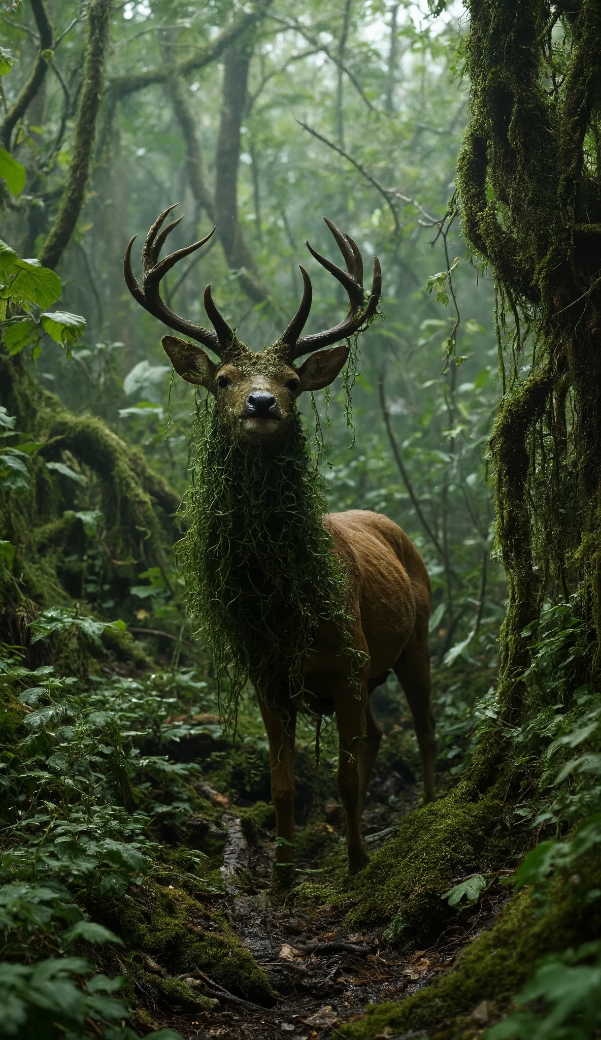Dangouns jungle deer trapped demon plants vins roots clamp , hyper realistic highly appreciated, highly detailed, 8k ultra HD.