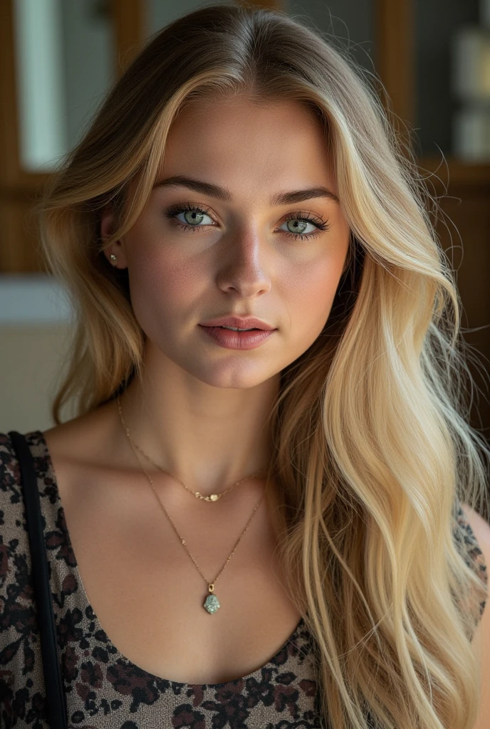 A captivating, ethereal photo of a sensual boho woman with fair skin and captivating green eyes. Her greenish-blond hair is styledin a chic updo, framing her face perfectly. Her thoughtful expression reveals a moment of deep contemplation. She wears an elegant white linen dress with an off-the-shoulder design and a plunging neckline, accentuating her figure. A stunning necklace and a variety of boho jewelry adorn her, enhancing her enchanting aura. The background is soft, with a hint of sunlight peeking through the trees, creating a charming and dreamy atmosphere., photo full body