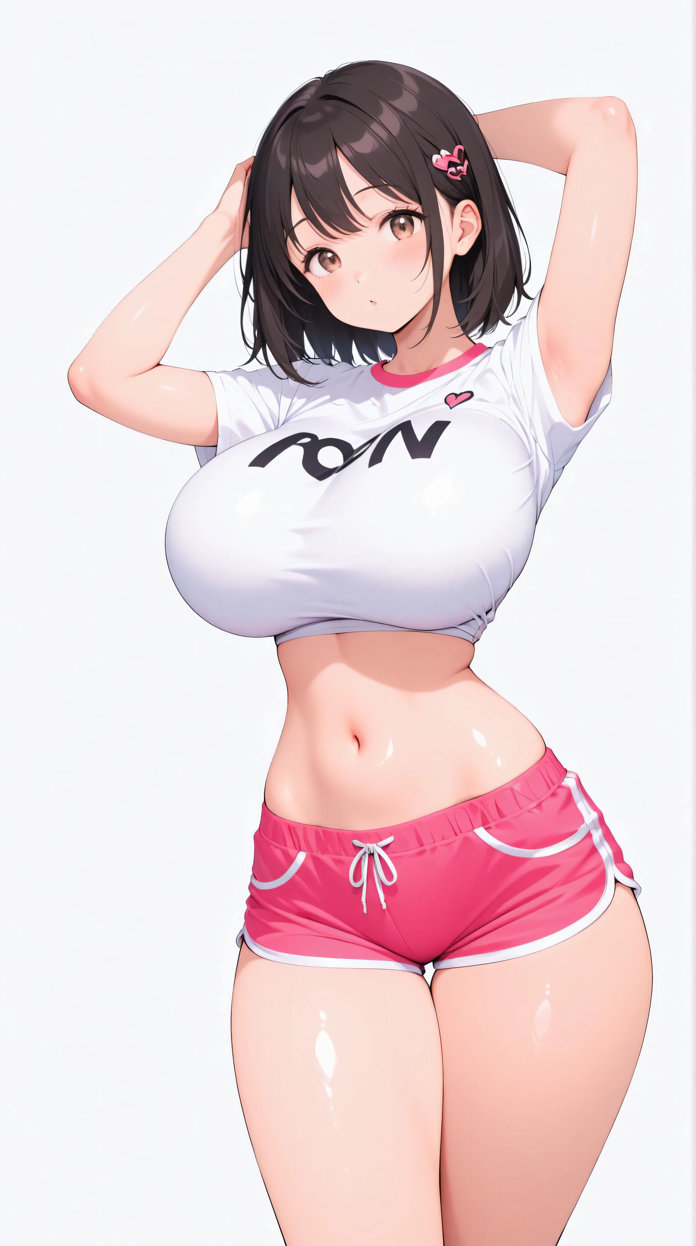 cute girl . Very kawaii , round face . alone , Slim , huge breasts , short and small . shiny skin . Pure white tube top T-shirt . shorts . dynamic poses . dynamic angle . No background , White background , looking at the viewer, 