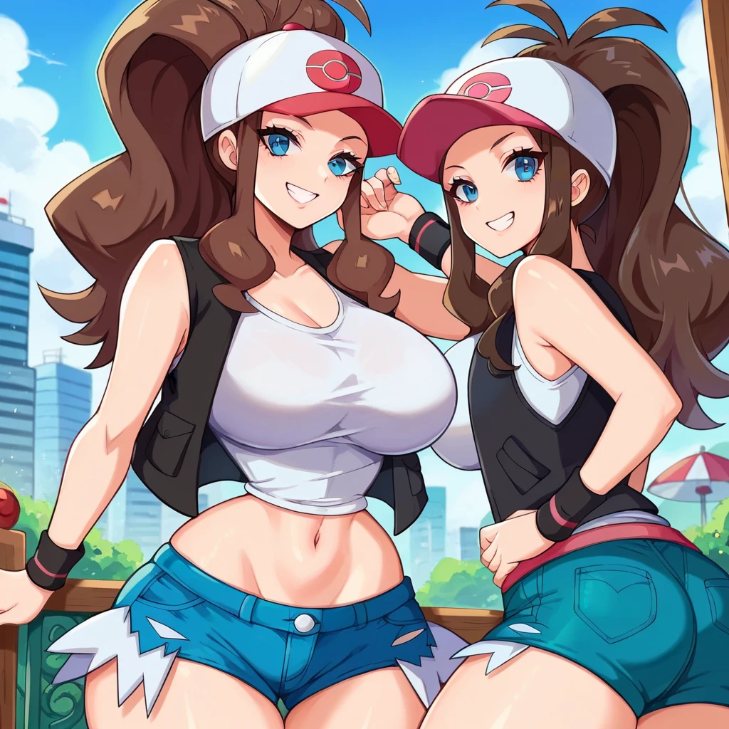 ((La mejor calidad, Altamente detallado, Obra maestra)) 4k, 1girl, pokemon hilda, def1, curvy, muslos regordetes, muslos visibles, muslos muslos, muslos gruesos, ojos detallados, sentada sobre sus piernas, sonrisa, en un bosque, colores intensos, mirando a la camara