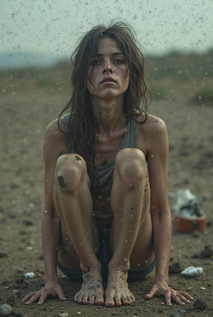 A young girl squatting on a muddy dirt road, hips up, full body shot, beautiful detailed eyes, beautiful detailed lips, extremely detailed face, long eyelashes, torn clothes, dirty and ragged, weathered face, pensive expression, warm golden afternoon light, cinematic composition, stunning photograph, photorealistic, highly detailed, 8K, masterpiece