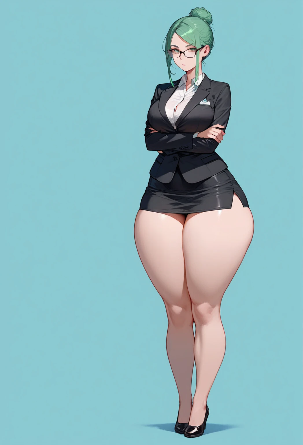 adult female teacher, pale porcelain skin, short ginger hair in a sleek hairbun, strict facial expression, strict teacher, glasses, wearing a black blazer over a white blouse, busty, wearing a tight black pencil skirt, has wide hips, thick thighs, large thighs, thighs pressed together, thick legs, wearing small black pumps on her feet, small feet, entire body showing including legs and feet, red lipstick. short legs, standing on the floor, stern
