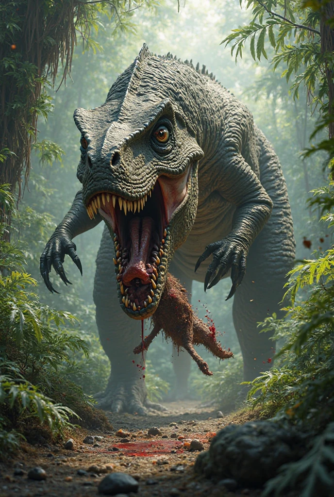 T-rex standing on a dead mammouth that it fought in a forest