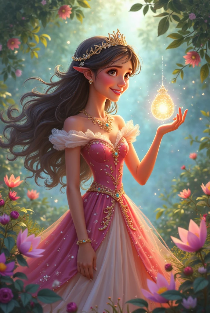 3d pixar style, Close-up,Beautiful vampire queen holding huge crystal tulip,Flashing with countless colors, Fangs, Sharp and gorgeous cape, Wearing a magic amulet in the shape of a bat, Royal gardens of the Gothic palace,At dusk, Beautifully presented building.