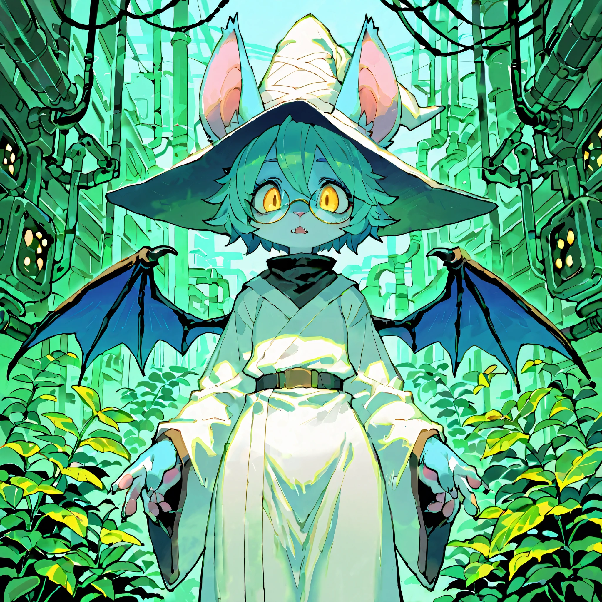 masterpiece , newest , absurdres , score_9, score_8_up, score_7_up, score_6_up, safe, 1girl, solo , wings , furry , furry female , with blue fur , looking at viewer, robe, scientist, technology, eco, mystical, plants, cyberpunk, wizard hat, glasses, golden eyes, timid, curious, bat_wings, bat ears, rikose , furry , bat girl , animal ears , body fur, flying, fangs , animal nose, eyebrows hidden by hair , claws , short hair , bat (animal)