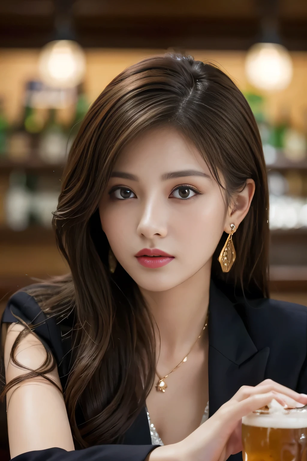 table top, highest quality, realistic, Super detailed, finely, High resolution, 8k wallpaper, 1 beautiful woman,, light brown messy hair, He is wearing a black see-through dress shirt with an open collar..., sharp focus, perfect dynamic composition, beautiful and detailed eyes, thin hair, Detailed realistic skin texture, smile, close-up portrait, model body shape、president&#39;secretary of、mini skirt、high heels、whole body、suit
