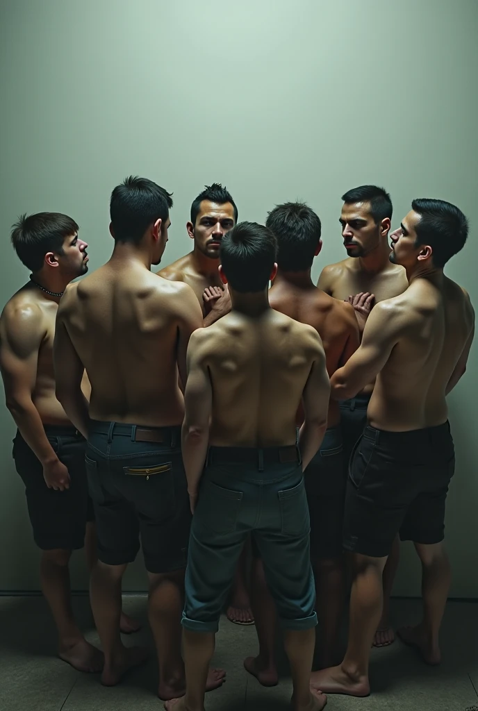 There are many men standing in a prison cell, with a man looking at another in burgundy underwear, prison scene, film screenshot, shot from danis villeneuve movie, action scene from the film, film screenshot, scene from the film live-action, scene from the film, [ theatrical ], in a prison cell, scene from the film Fight Club, still from a Terence Malik film