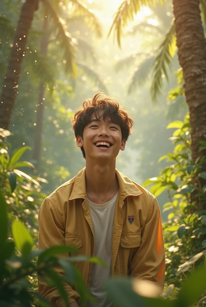 A Japanese male college student wearing fashionable clothes is sitting on a rock and looking at the lake with a cheerful expression,Excited, Photo of your face, Beautiful natural background, with a natural look, With a slightly tired look, tilt your face a little, Diagonal orientation, Average face