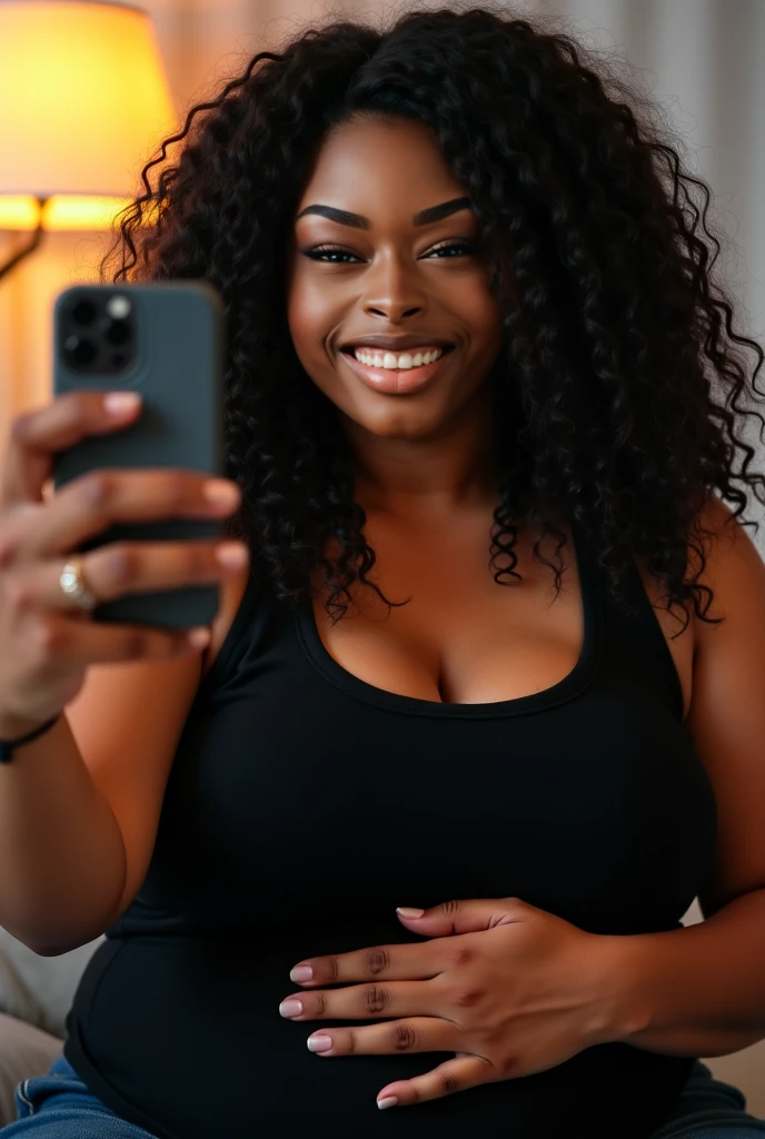 A Mexican fat girl with curly hair yellow top and big breasts taking a selfie realistic