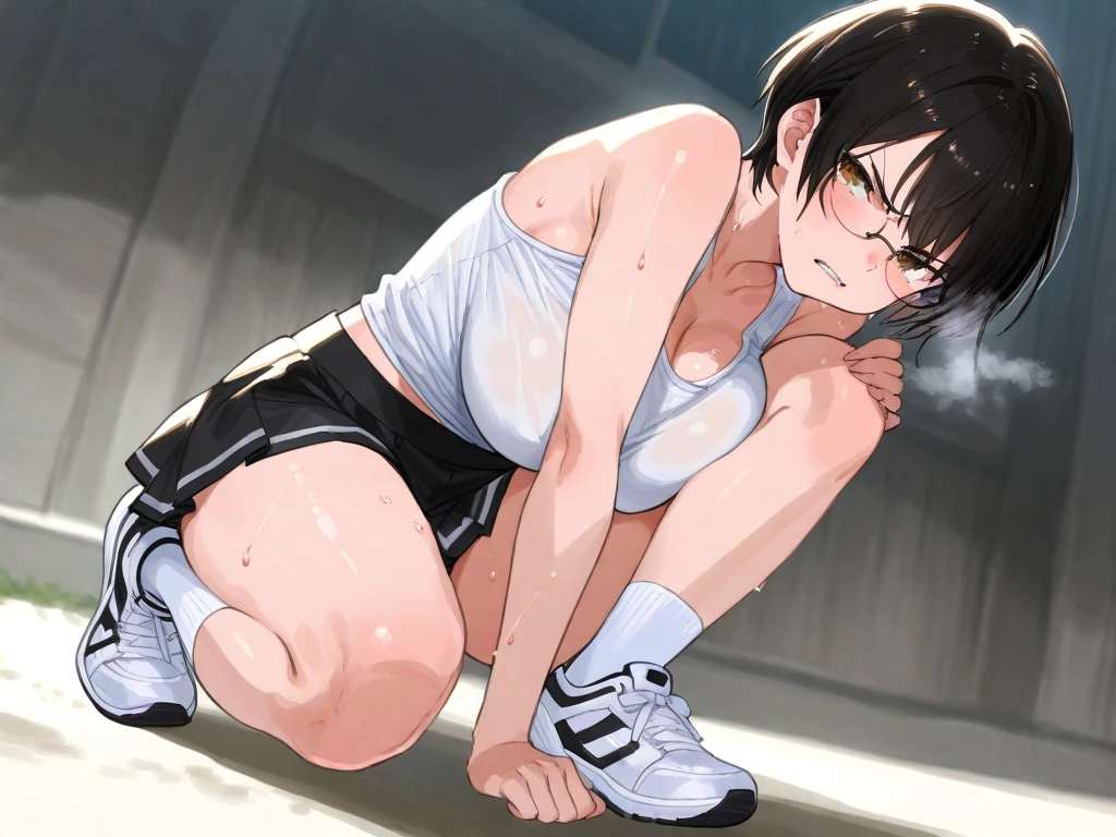 a fake girl, a sissy boy, a tomgirl, (((solo))), ((small phimosis penis)), atrophied penis, penis not erect, white mucus from tip of penis, orgasm, sweating, short hair, hairstyle that covers one eye, long bangs, see through penis under white school swimsuit, bulge in the crotch, dark skin, squatting, open legs