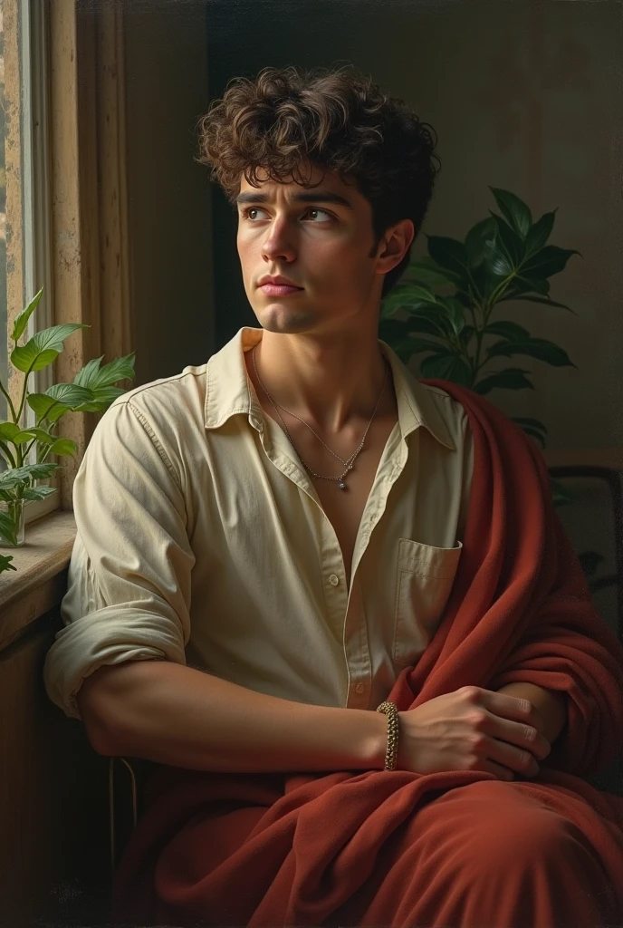 (photorealism:1.2), beautiful man, sitting on car, loose off-shoulder top, Curly hair, indoors, soft lighting, plants in background, window with sunlight, cozy room, relaxed pose, realistic, intricate details, warm colors, by Greg Rutkowski, by Alphonse Mucha