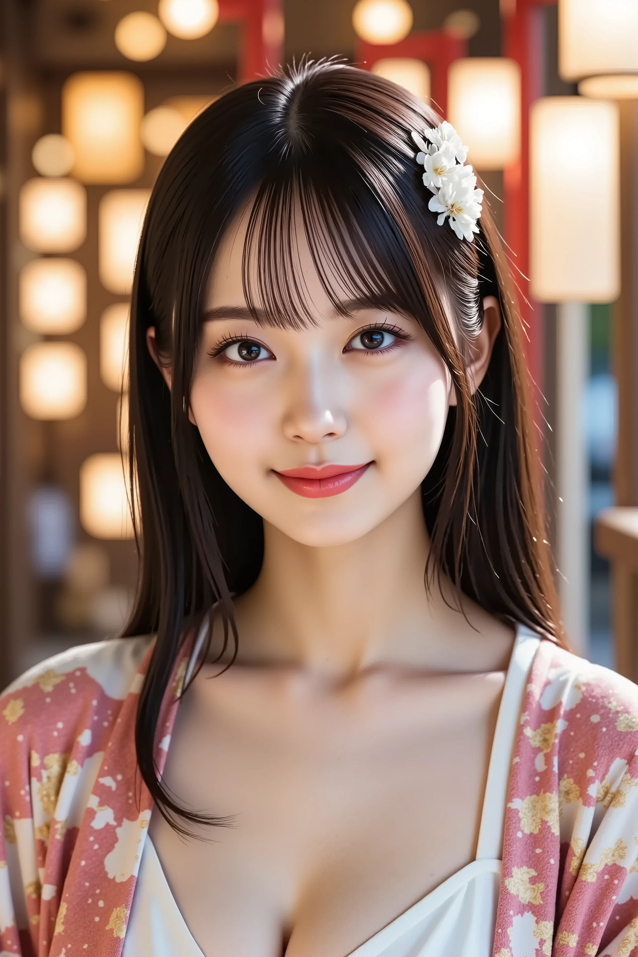 A highly detailed and ultra-realistic digital illustration of a beautiful young Asian woman, explicitly framed from just above her chest upwards, fully capturing her entire head, including the crown and clearly visible hair whorl. The composition ensures her facial features are perfectly centered, with clear, Radiant Skin, softly blushed cheeks, and a bright, open smile revealing her teeth, giving a warm and joyful expression. Her naturally pink lips are slightly parted, showcasing a friendly and inviting smile. Her large, expressive eyes sparkle, enriched with delicate eyelashes and subtle, elegant makeup, enhancing the liveliness of her joyful expression.
Her straight, sleek black hair is gracefully styled into an elegant updo, adorned with an exquisite kanzashi hairpin featuring delicate floral designs, adding a touch of traditional Japanese beauty to her appearance.
She wears an exquisite, traditional Japanese furisode kimono, adorned with intricate patterns of cherry blossoms and elegant golden embroidery, showcasing rich cultural aesthetics. The long, flowing sleeves add depth and grace to her appearance, while a vibrant obi belt with intricate detailing enhances the authenticity of her attire.
The background is a lively Japanese festival scene, filled with glowing paper lanterns, vibrant red torii gates, and bustling festival stalls selling traditional street food and colorful decorations. Soft bokeh lights from distant festival lanterns create a warm, immersive ambiance, while a subtle golden glow highlights the intricate patterns of her kimono. The festive setting enhances the celebratory atmosphere, immersing the viewer in the rich tradition and beauty of a Japanese matsuri.
The overall image is crystal-clear, hyper-detailed, and rendered in stunning 8K resolution, ensuring breathtaking realism and depth.bun hair