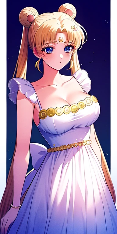 SMU Sagitsukino, 큰pectorals, Standing, Solo, Masterpiece, Best Quality, Detailed face, Detailed Eyes, high resolucion, Masterpiece, Best Quality, Detailed face, Detailed Eyes, high resolucion, SMPrincessCostume,Serenity,프린세스Serenity,네오퀸Serenity,pectorals,Big,거대한pectorals,풍만한pectorals.a blond,Dango hair,왕pectorals,breast,forehead crescent moon,젖pectorals,흘러넘치는pectorals,voluptuousness,The dress,crescent moon on forehead