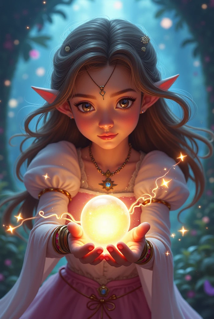 Fotografia realista de uma crianca menina humana  em pe segurando uma bola leve, uma crianca menina segurando um orbe, segurando uma esfera brilhante, esferas de luz brilhantes, orbes iluminados, esfera brilhante, Magical Glow, brilhando com magia, luz suave ao ar livre, bolas de luz para os olhos, soft moonlight, Mystical setting, Girl child the flashlight, magic light, magic lighting, fey lighting realistic photography