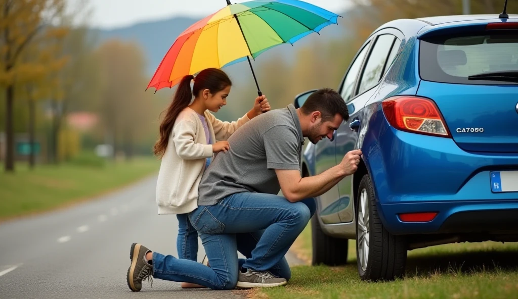 Un papa con su hijo reparando un coche